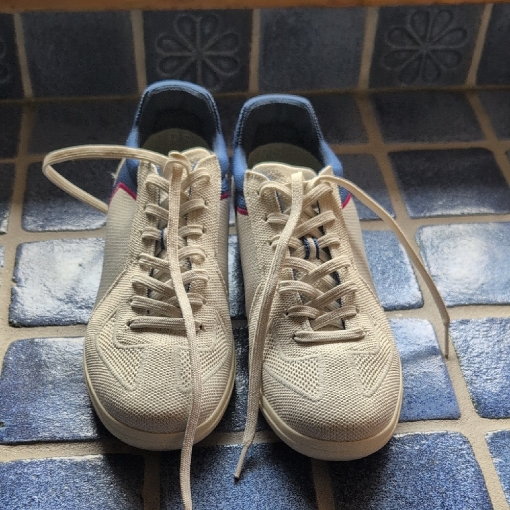 Rothy's Cream and Blue Sneakers with Sporty Design